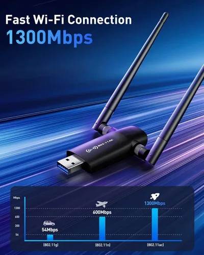 Vista 2 de Nineplus Adaptador WiFi USB inalámbrico para PC - 1300 Mbps Antenas duales 5Dbi 5G/2.4G Adaptador WiFi para PC de escritorio portátil