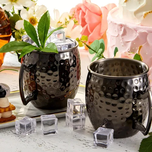 Vista 7 de Tessco Juego de 12 Tazas Moscow Mule de 16 oz, Juego de Tazas de Cobre, Tazas de Acero Inoxidable Plateadas en Cobre 304 Martilleadas para Bebidas