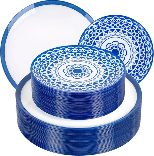 Vista 9 de ejonirinjonir EI 60 platos de plástico beige con borde dorado, platos desechables marfil, plato de plástico de lujo resistente, cena de 10 pulgadas