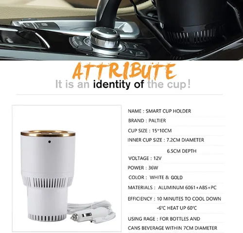 Vista 3 de Portavasos para automóvil con enfriador de bebidas, calentador inteligente de tazas, soporte para vasos 2 en 1 para automóvil (blanco con dorado)