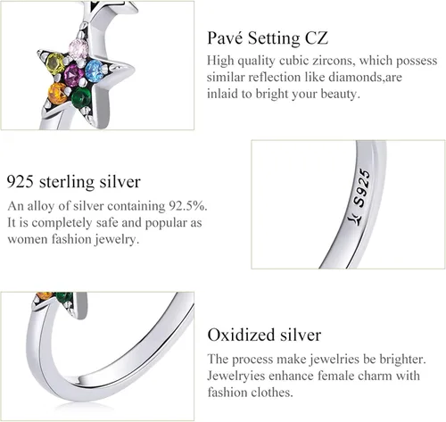 Vista 5 de Anillo de estrellas de plata de ley 925 ajustable para mujer, anillo abierto de circonita colorida, anillo de compromiso apilable, regalo