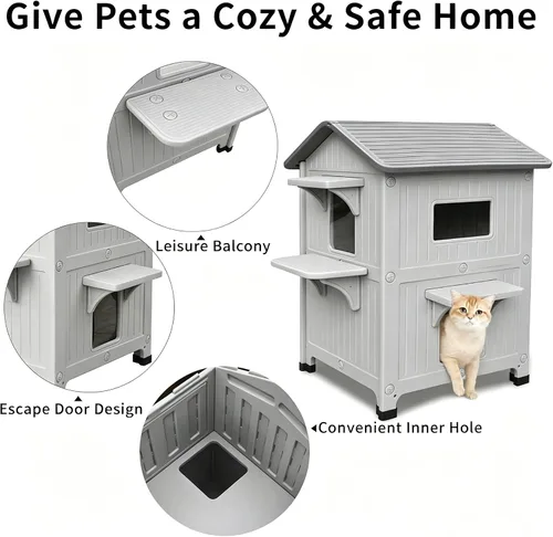 Vista 6 de Casa para gatos al aire libre, casas de 2 pisos al aire libre para gatos salvajes, refugio exterior de plástico, resistente a la intemperie