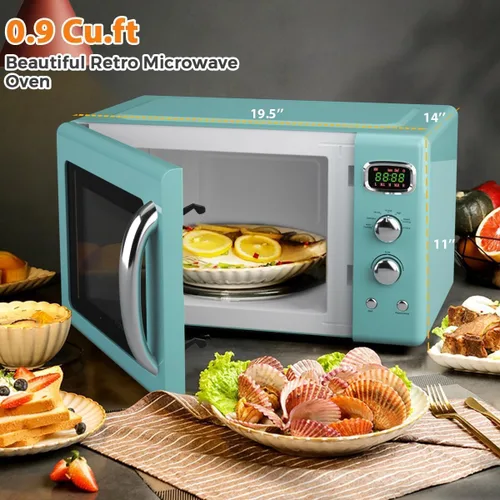 Vista 2 de SIMOE Horno microondas retro 0.9 pies cúbicos, 900W Compacto de encimera con 5 niveles de microondas y 8 funciones de cocción automática, bloqueo