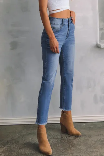 Vista 3 de Sidefeel Jeans de cintura alta para mujer, con dobladillo sin procesar, pierna recta, pantalones de mezclilla