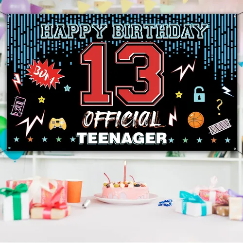 Vista 4 de Cartel oficial de telón de fondo para puerta de cumpleaños de 13 años, decoraciones de feliz cumpleaños para niños y niñas, rojo y azul de 13 años