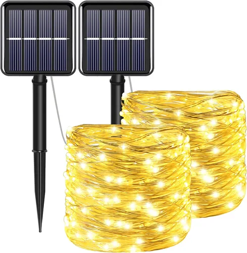 Vista 14 de Tira de luces solares azules de Navidad al aire libre impermeables, 2 paquetes, total 200 LED, 20.1 m, 8 modos, luces de hadas de cobre