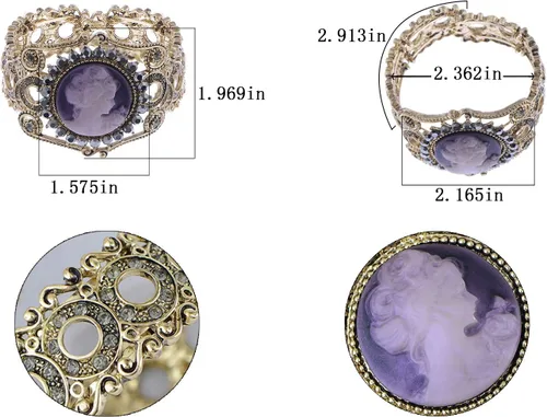 Vista 6 de Alilang Pulsera de mujer con camafeo victoriano morado antiguo en tono dorado antiguo