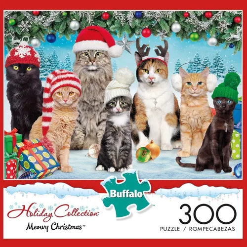 Vista 4 de Buffalo Games - Meowy Christmas - Rompecabezas navideño de 300 piezas - Rompecabezas colorido y festivo para adultos - Piezas cortadas