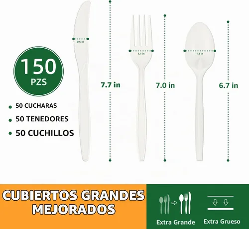 Vista 2 de Juego de cubiertos 100% compostables, 150 piezas (50 tenedores, 50 cucharas, 50 cuchillos) utensilios desechables de almidón de maíz resistentes