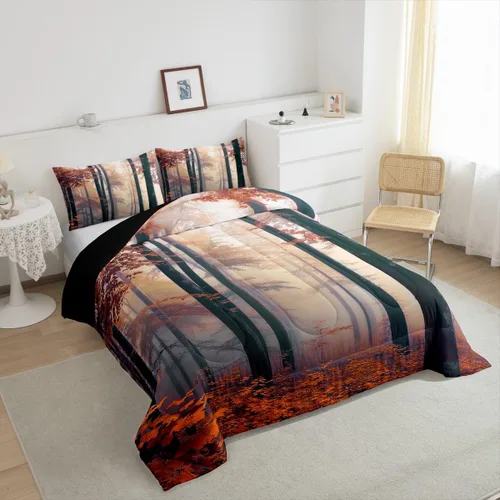Vista 4 de Erosebridal Juego de ropa de cama con inserto de edredón de árbol brumoso para temporada de otoño, juego de edredón místico con niebla y naturaleza