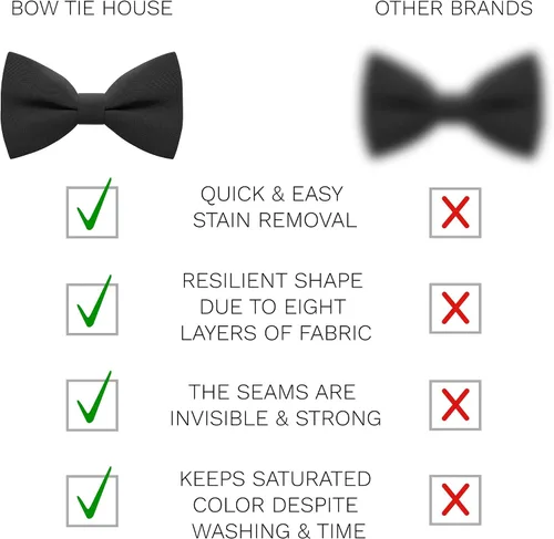 Vista 3 de Bow Tie House Juego clásico de corbatín preatado con bolsillo formal, cuadrado, sólido, esmoquin con pañuelo