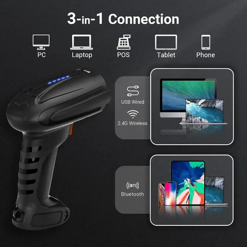 Vista 4 de Tera Escáner de código de barras inalámbrico 2D QR con soporte: versión Pro Indicador de nivel de batería 2500mAh Lector de códigos de barras