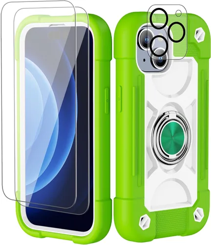 Vista 158 de Funda para iPhone 11 de 6.1 pulgadas con soporte de anillo, con 2 protectores de pantalla de vidrio, resistente a los golpes, resistente a