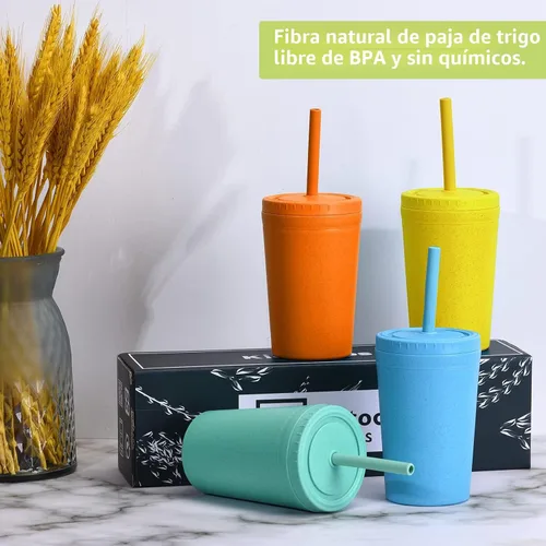 Vista 2 de Homestockplus Vasos reutilizables de paja de trigo con tapas y pajitas de silicona, 10 Oz resistentes a las astillas, tazas pequeñas de agua Varios