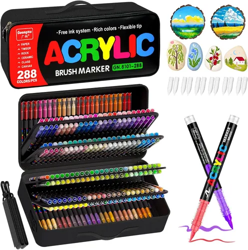 Vista 10 de Surcotto 12 marcadores de pintura acrílica negra, marcadores de pintura acrílica con punta de pincel suave, marcadores acrílicos impermeables