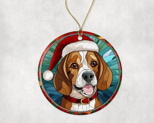 Vista 3 de Beagle - Adorno de cerámica con vitrales de Navidad, adorno colgante para árbol de Navidad, regalo religioso para cristianos impreso en ambos lados