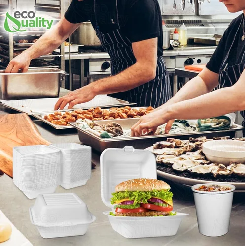 Vista 2 de Recipientes de comida para llevar con cubierta cuadrada compostable con bisagras de 6x6,Contenedores desechables para llevar, contenedores