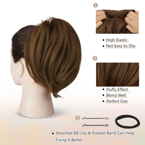 Vista 7 de BARSDAR Extensión de moño de cabello rubio cobre dorado oscuro liso + 2 piezas de cabello castaño medio marrón desordenado
