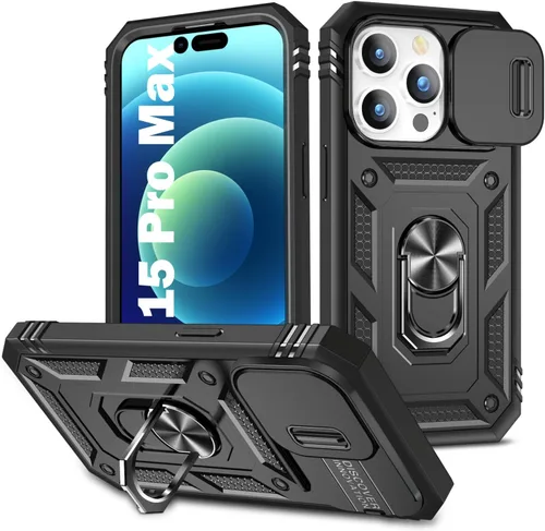 Vista 53 de PASNEW Funda militar para iPhone 13 Pro Max, cubierta de cámara deslizante y soporte de anillo de metal de 360°, carcasa rígida multicapa resistente