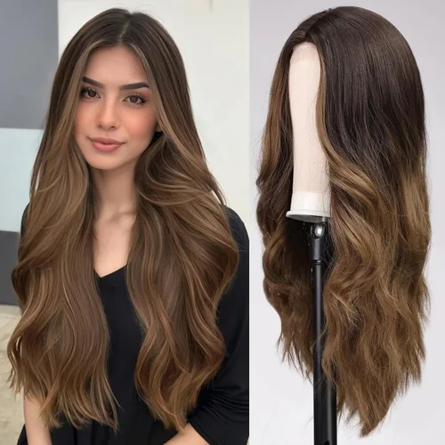 Vista 9 de EMMOR Peluca larga y ondulada marrón mixta para mujer, pelucas de encaje frontal, aspecto natural, 26 pulgadas, parte media, peluca rizada