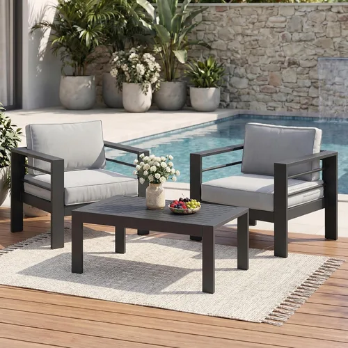 Vista 21 de Solaste Sofá de aluminio para patio con mesa auxiliar, juego de 3 muebles de patio con cojines, sofá de exterior para todo tipo de clima
