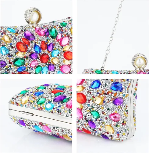 Vista 7 de Bolso de mano con diamantes de imitación para mujer, bolsa de noche brillante para fiesta, bolsa pequeña multicolor, bolso cruzado brillante