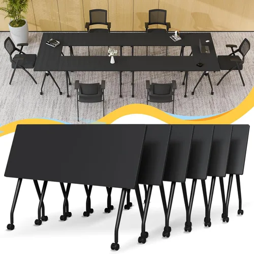 Vista 65 de Mesa de conferencias plegable con ruedas, mesa modular para sala de conferencias con 2 ojales para cables, mesas móviles de sala de reuniones