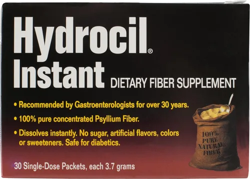 Vista 2 de Suplemento dietético de fibra Hydrocil, 30 paquetes de dosis única Fibra de psyllium concentrada 100% pura. Sin azúcar, sabores artificiales