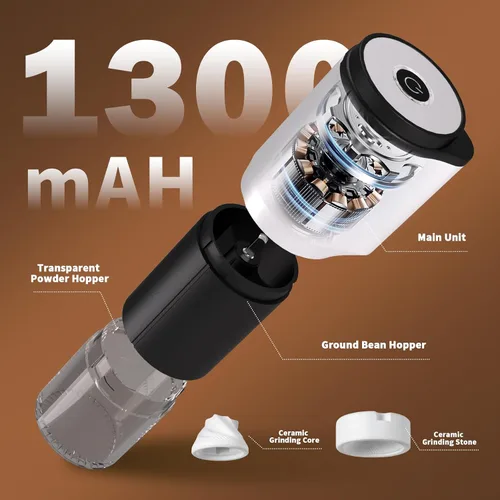 Vista 3 de Molinillo de café eléctrico portátil compacto, cuenta con una batería recargable integrada de 1300 mAh, ajustes de molienda ajustables para granos