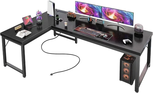 Vista 13 de Huuger Escritorio en forma de L de 55 pulgadas con tomas de corriente y puerto USB-C, escritorio de computadora reversible, escritorio de esquina