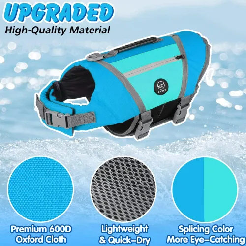 Vista 2 de EMUST Chaleco salvavidas para perro, chaqueta ligera con bolsillos, elegante preservador con asa de rescate y rayas reflectantes para nadar