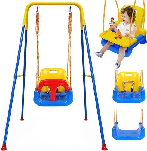 Vista 10 de Columpio mejorado para niños pequeños con bandeja, columpio para bebé al aire libre con diseño desmontable, cinturón de seguridad, marco plegable