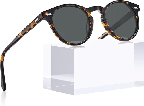 Vista 8 de CARFIA Gafas de sol polarizadas de acetato redondo para mujer, protección UV de cara pequeña con funda de cuero CA5288