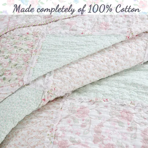 Vista 3 de Juego de ropa de cama reversible de algodón reversible de 3 piezas con diseño floral pastel de jardín de rosas, melocotón, verde, con volantes