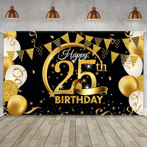 Vista 7 de Decoración de fiesta de cumpleaños número 15, cartel póster de tela extra grande negro y dorado para telón de fondo de cabina de fotos