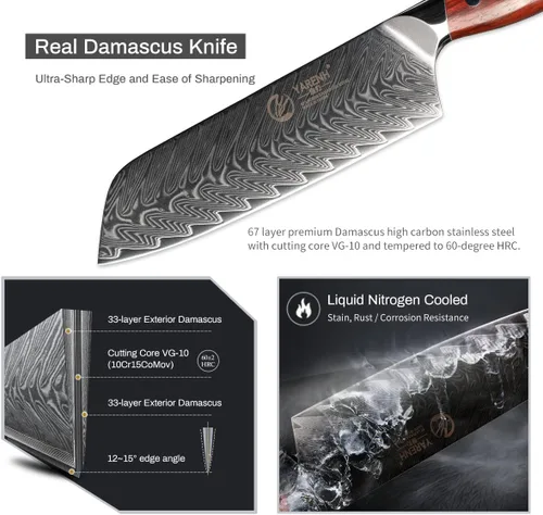 Vista 4 de YARENH Santoku - Cuchillo de chef de acero Damasco de 7 pulgadas, 67 capas, afilado de larga duración, resistente al óxido, cuchillo de cocina