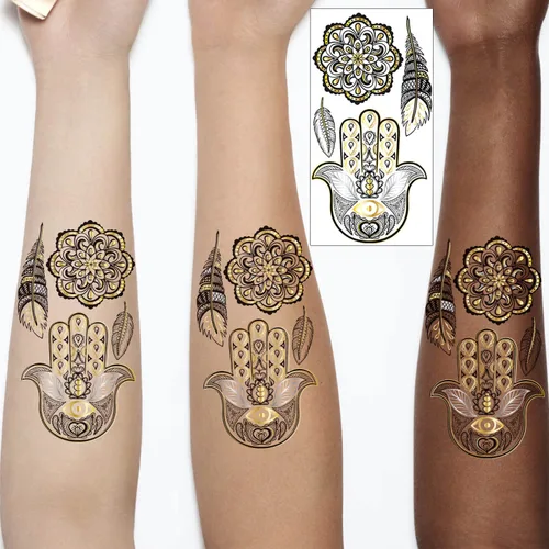 Vista 2 de Glaryyears Tatuaje temporal dorado metálico, paquete de 18 tatuajes falsos de larga duración, paquete variado de tatuajes realistas
