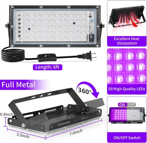 Vista 4 de Luces LED negras de 50 W con interruptor+enchufe, impermeable IP66