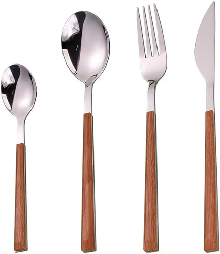 Vista 9 de Juego de cubiertos de madera de 32 piezas para 6 personas con mango de madera de imitación de madera de acero inoxidable para boda, hogar, cocina