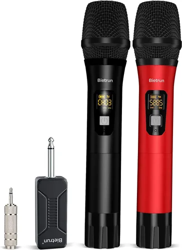 Vista 13 de Bietrun Micrófono inalámbrico, juego profesional de micrófonos UHF de metal, de mano, doble, inalámbrico, dinámico, con receptor recargable, salida