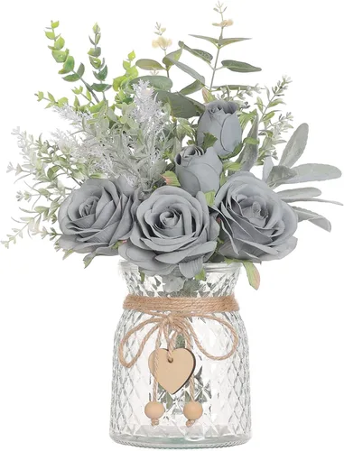 Vista 11 de Rosas artificiales de seda de 14.5 pulgadas con jarrón para decoración del Borgoña
