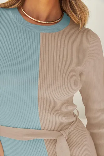 Vista 7 de ZESICA Vestido de punto acanalado para mujer, elegante vestido de manga larga con cuello redondo y lazo en la cintura ajustado ajustado