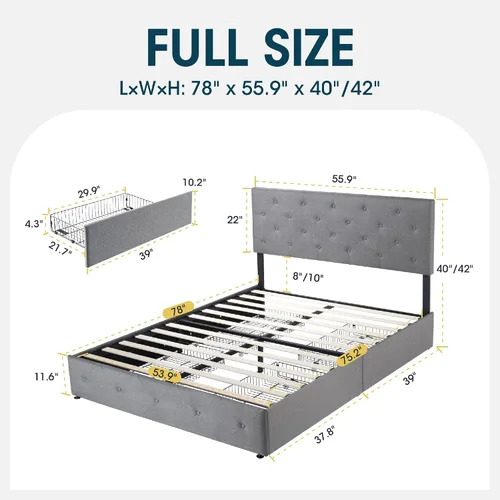 Vista 57 de WEEWAY Base de cama de plataforma tamaño King con 4 cajones de almacenamiento, cabecera capitonada con botones de costura de diamante, base de Negro