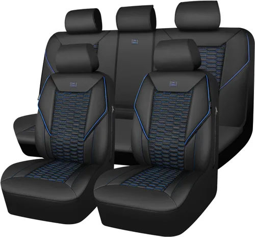 Vista 25 de CAR PASS Juego completo de fundas para asientos de coche de malla de espuma 3D de cuero, fundas para asientos de coche de malla transpirable