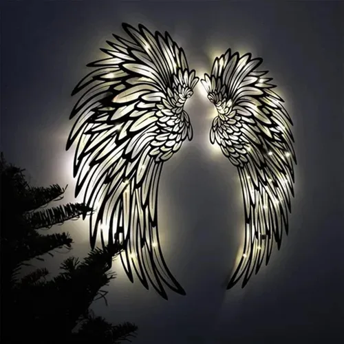 Vista 6 de Decoración de pared de alas de ángel de metal grandes, escultura de pared de alas de ángel LED, arte de alas brillantes para colgar en la pared