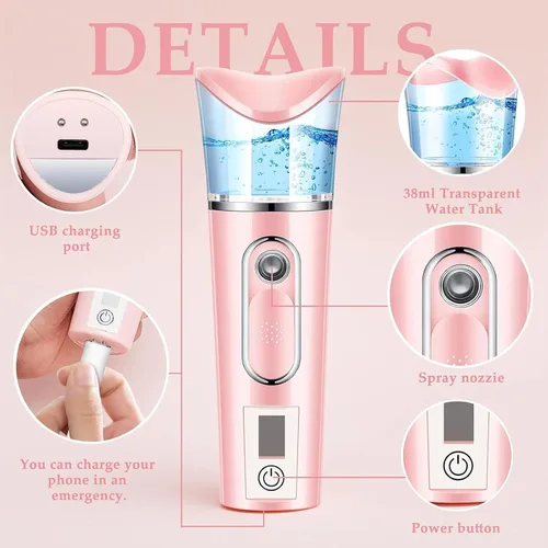 Vista 4 de 2 piezas práctico pulverizador de nano niebla con analizador de piel, probador de humedad, portátil, nano facial, vaporizador facial, atomización