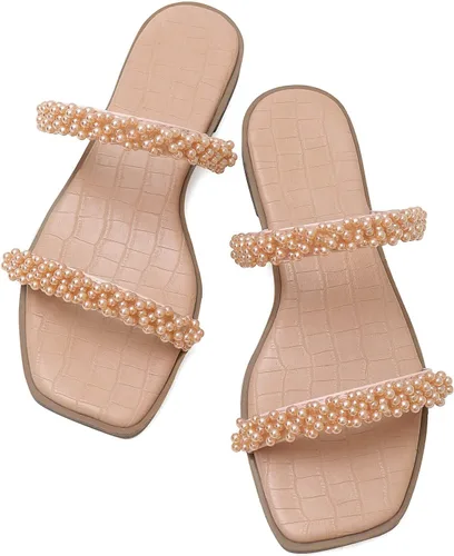 Vista 3 de LACUONE Sandalias planas con correa de perlas para mujer, sandalias cuadradas con punta abierta