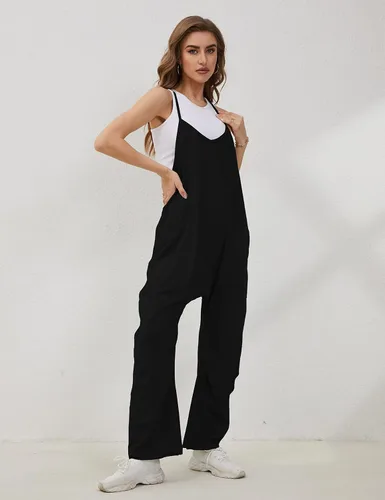 Vista 7 de Lentta Overol casual para mujer, con cuello en V, sin mangas, con tirantes elásticos y ajustables, con bolsillos
