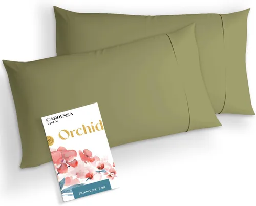 Vista 12 de Carressa Linen Juego de 2 fundas de almohada de algodón egipcio de alta densidad de hilos tamaño Queen (arena), suaves, de tejido satinado