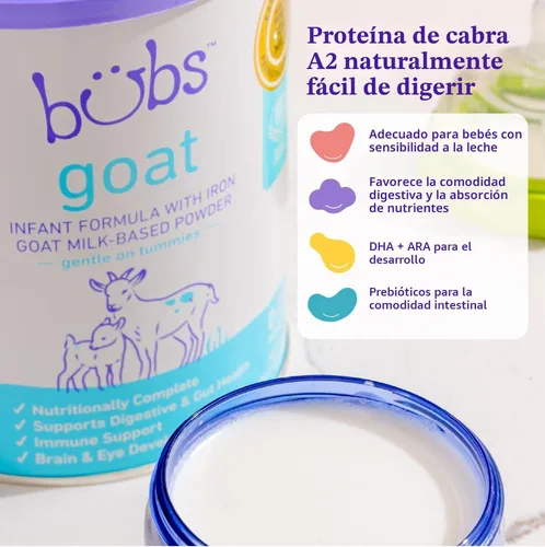 Vista 3 de Bubs Fórmula de leche entera de cabra con hierro, polvo a base de leche de cabra, para bebés de 0 a 12 meses, hecha con leche de cabra sin OMG, 20